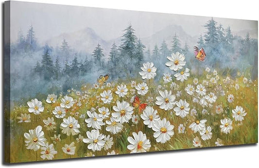 Arjun Flower Wall Art Daisy Painting Textured Paintings, Canvas Art Wall Decor, Large Wall Art for Bedroom, Daisy Art Large Paintings for Living Room Home Office Dining Room 40"x20"