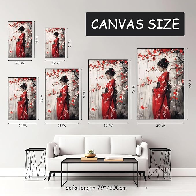 Kewhush Japanese Geisha Canvas Wall Art, Cherry Blossom Wall Art, Framed Canvas Print, Modern Asian Wall Decor, Japan Wall Print, Traditional Home Decor (Black Framed, 28"x42" | 71x107cm)