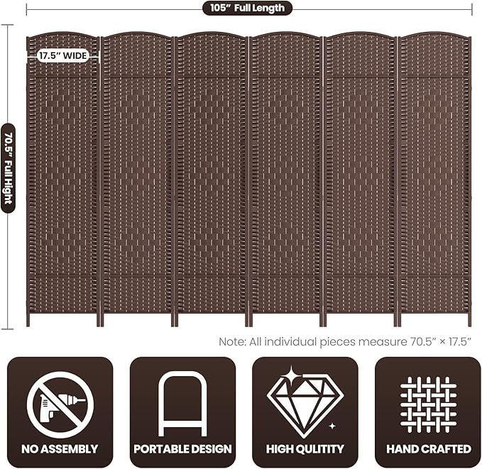 6 Panel Room Divider,6Ft Folding Privacy Screen,Tall - Extra Wide Foldable Panel Partition Wall Divider with Diamond Double-Weaved Hand-Woven Design Room Screen Divider