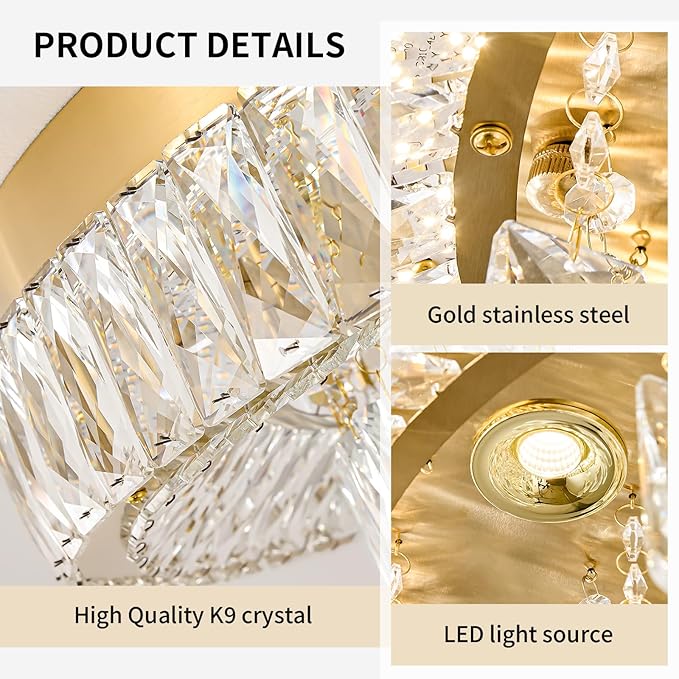 Modern Dimmable Led Crystal Chandelier: Flush Mount Crystals Ceiling Light with Remote - 24" Round Crystal Chandeliers Gold Ceiling Lighting Fixtures for Dining Room Bedroom Living Room Entryway
