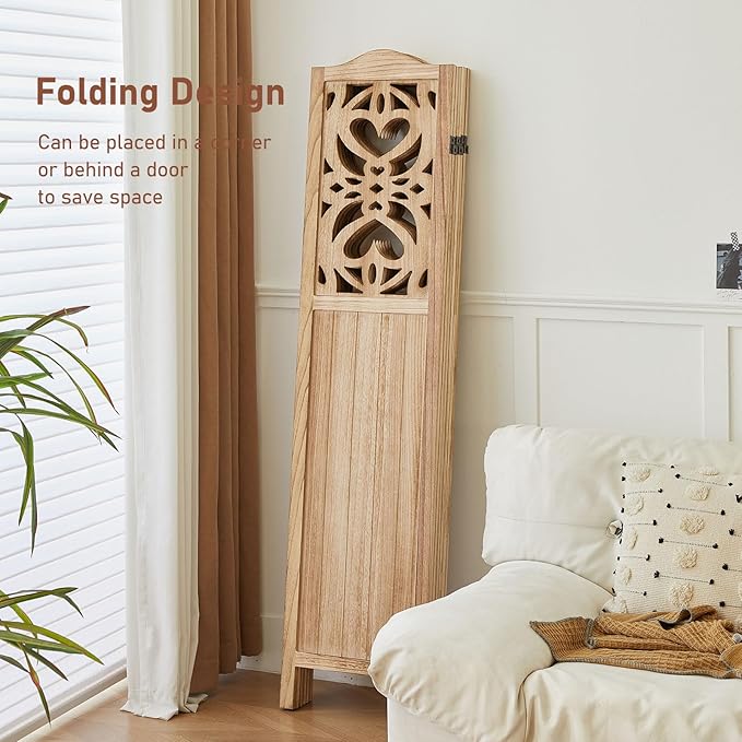 6 Panel Room Divider Fully Assembled, Carved Room Dividers and Folding Screens, 5.6Ft Wood Room Divider Screen Freestanding Partition Wall Dividers for Home Bedroom Office, Rustic Wood Color