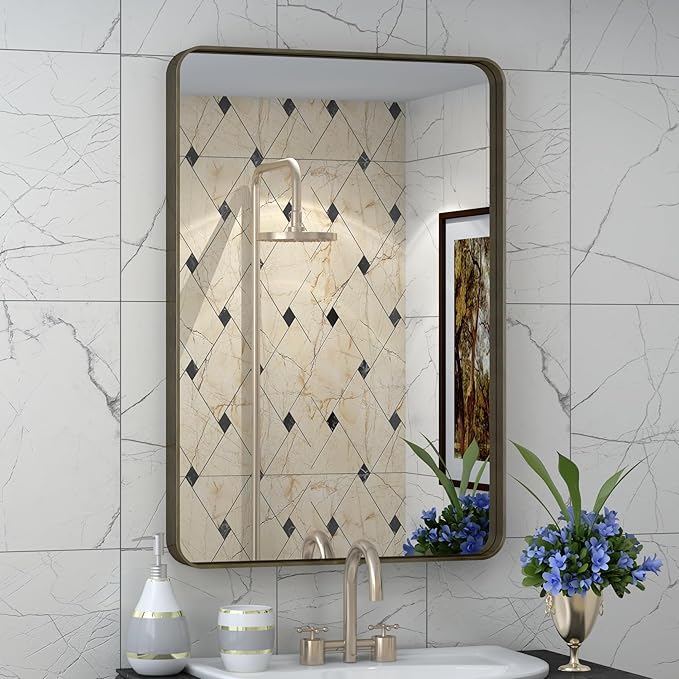 16x24 Bronze Bathroom Mirror, Rounded Rectangle Bronze Frame Mirror, Brushed Bronze Bathroom Vanity Mirror Wall-Mounted, Anti-Rust, Hangs Horizontally or Vertically
