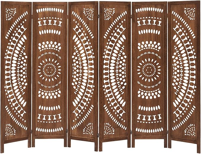 6 Panel Wood Room Divider Fully Assembled, Decorative Room Dividers and Folding Screens, 5.6Ft Room Divider Screen Freestanding Partition Wall Dividers for Home Bedroom Office, Dark Brown