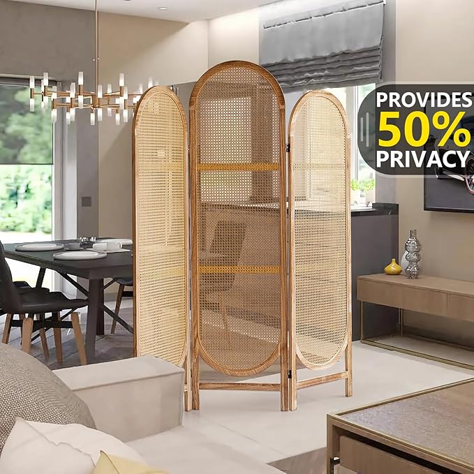 5.9 Ft Tall 3 Panel Room Divider Screen, Foldable Wooden Room Divider Panel, Folding Privacy Screen Made of Hand-Woven Rattan, Portable Wall Divider for Room Separation HomeOffice - Natural