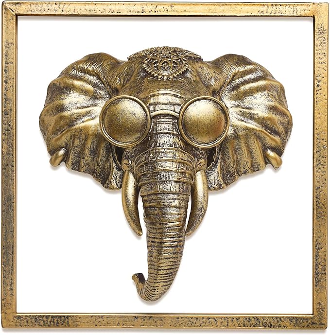 Newinhome Animal Heads Wall Decor (Includes Metal Frame) Resin Animals Sculptures Head Wall Hanging Decoration Gold vintage Wall Sculpture for Living Room Bedroom Office (Elephant)