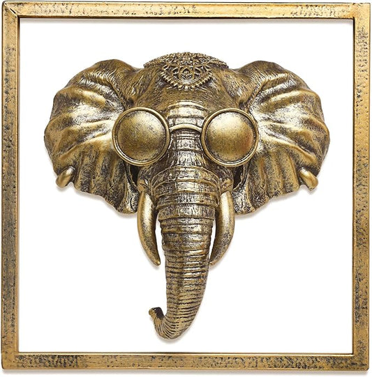 Newinhome Animal Heads Wall Decor (Includes Metal Frame) Resin Animals Sculptures Head Wall Hanging Decoration Gold vintage Wall Sculpture for Living Room Bedroom Office (Elephant)