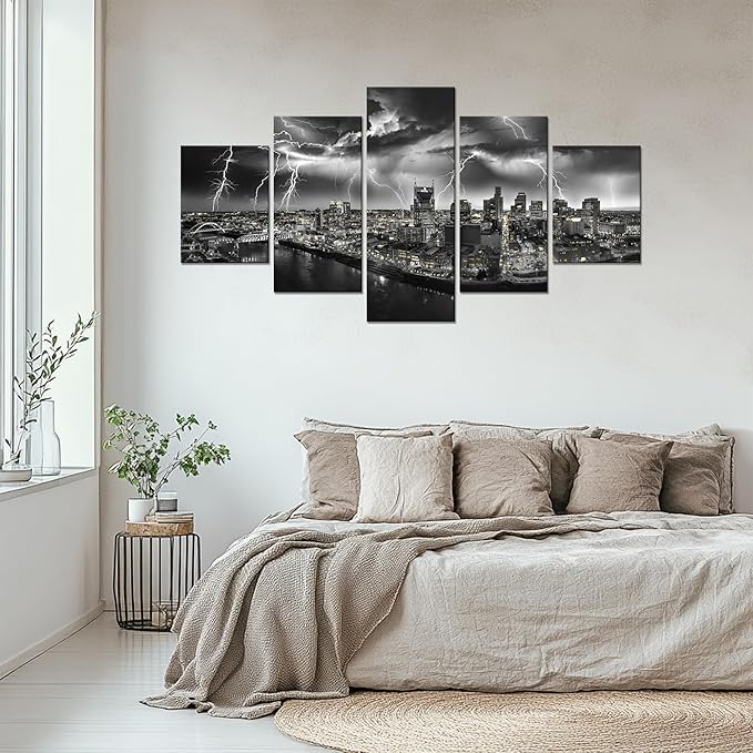Nashville Skyline Canvas Wall Art Nashville Tennessee Wall Decor Nashville Black and White Picture Lightning Strike Print Night Cityscape Painting Poster Framed Home Decoration(60x32 inches)