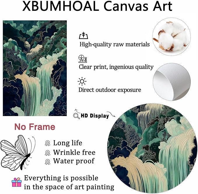 Mountain River Wall Art Japanese Waterfall Painting Abstract Forest Art Poster Blue And Green Abstract Canvas Japanese Style Print Blue And Green Landscape Wall Art Waterfall Artwork 16x24in No Frame