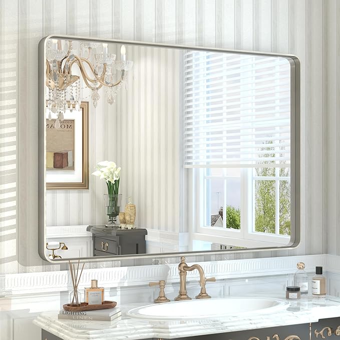44x30 Inch Silver Bathroom Mirror for Wall, Brushed Metal Framed Bathroom Vanity Mirror, Modern Rounded Corner Rectangle Mirror, Anti-Rust (Horizontal/Vertical)