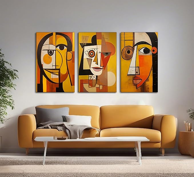 3 Pcs Modern Abstract Portrait Canvas Wall Art Vintage Neutral Geometry Orange Contemporary Aesthetics Painting Picture Wall Decor Poster Print Artwork for Bedroom Living Room Office Bathroom