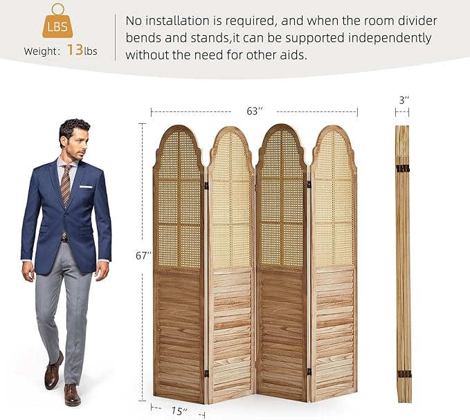 4 Panel Rattan Room Divider, 6 FT Tall Portable Partition Solid Wood Frame Folding Privacy Screen, Partition Room Divider Ideal for Bedroom Living Room Office, Light Brown