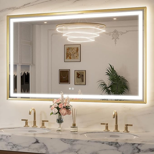 Keonjinn 60 x 36 Inch Gold Bathroom LED Mirror with Frontlit & Backlit, Large LED Vanity Mirror, HD Tempered Glass, Aluminium Alloy Beveled Frame, 3000K/4500K/6000K, Dimmable, Defogging, Shatter-proof