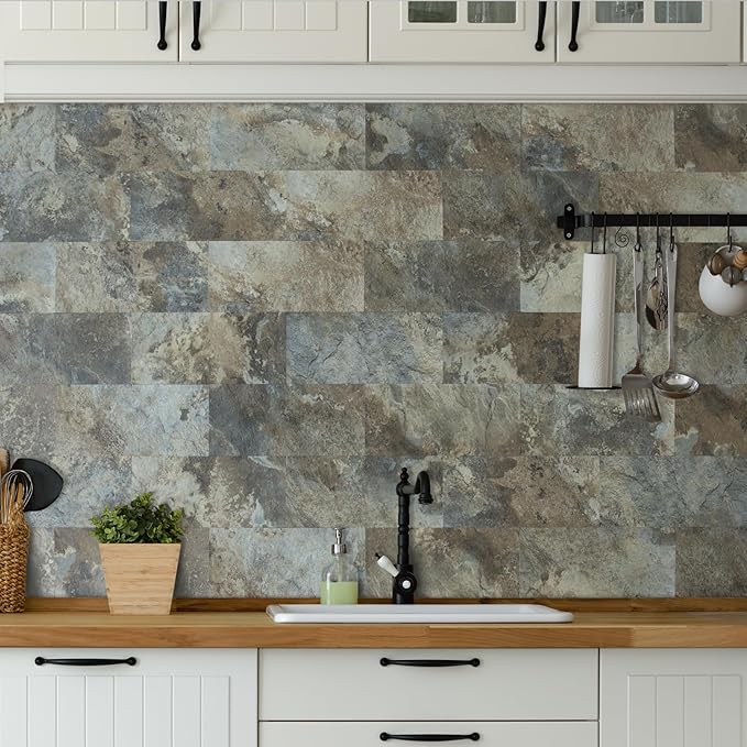 AULIGET 2-Piece Beige & Brown Slate Peel and Stick Backsplash Wall Tiles, 6" x 12" PVC Faux Stone Stick on Tiles for Kitchen Backsplash