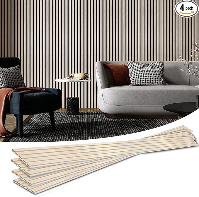 Art3d 4-Piece Wood Slat Acoustic Panels for Stylish Decor and Noise Reduction, 3D Textured Panel for Ceiling and Wall, White Elm