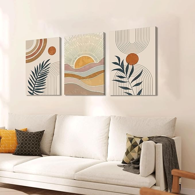 3Pcs Framed Boho Abstract Wall Art Orange Rainbow Sun Desert Minimalist Picture Mid-Century Modern Poster Prints Neutral Botanical Geometric Canvas Painting Wall Decor for Living Room16L x 12W