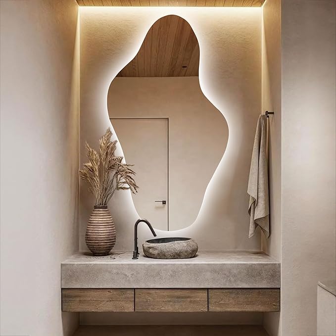 Asymmetrical Led Lighted Mirror for Bathroom, Irregular Vanity Mirror with Lights, Washbasin Backlit Led Illuminated Wall Mirror (Cool Light, 30"x52" inc | 76x132 cm)