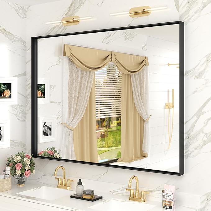 48x36 Inch Matte Black Bathroom Mirror, Modern Rectangle Metal Framed Mirrors for Wall, Black Vanity Mirror with Square Corner, Shatter-Proof, Anti-Rust (Horizontal/Vertical)
