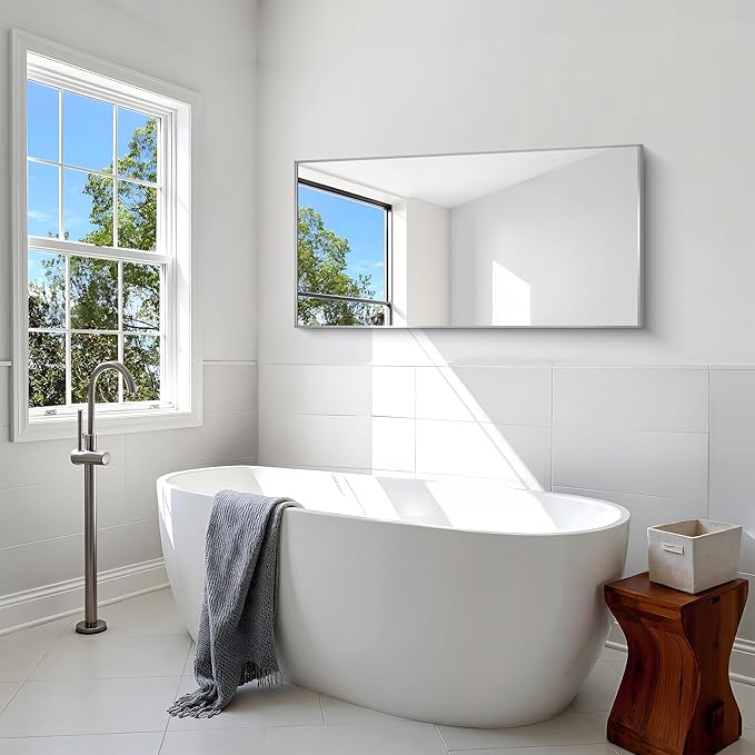 BONEWEI Silver Bathroom Mirror,24x48 inch Wall Mirror for Bathroom Wall Mounted,Large Rectangle Mirror for Bathroom Over Sink,Modern Metal Frame for Living Room,Bedroom Entryway,Horizontal/Vertical