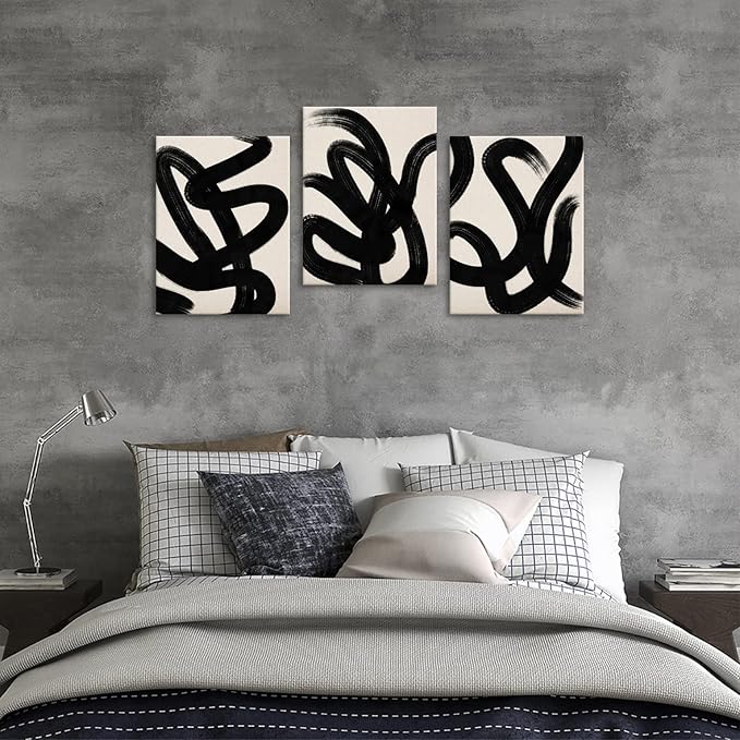arteWOODS Wall Art Canvas Set Abstract Lines Pictures Modern Mid Century Boho Wall Decor Minimalist Abstract Black Stroke Lines Canvas Painting Artwork Living Room Bedroom Home Office 12"x16"x3