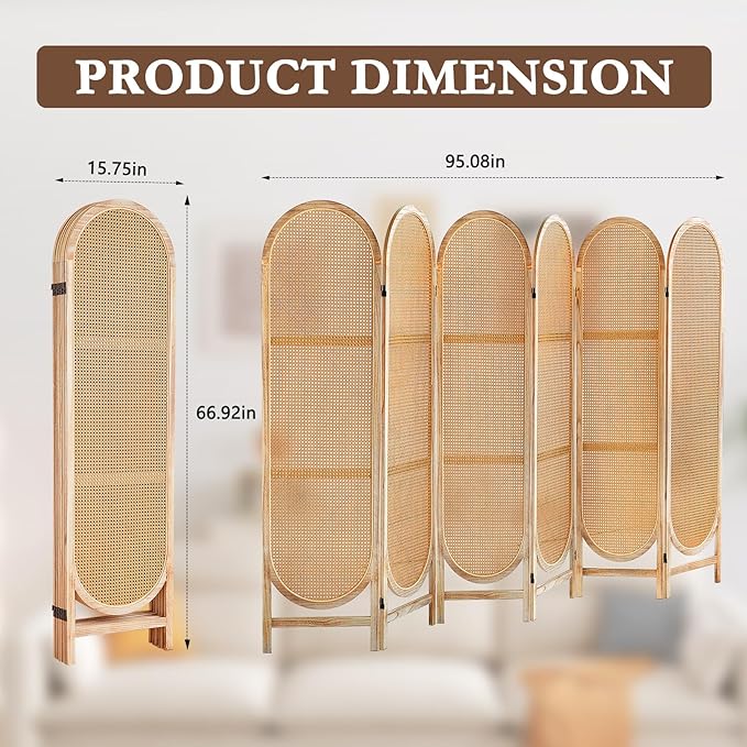 6 Panels Wood Room Divider and Folding Privacy Screens, Hand-Woven Rattan Room Dividers Panel, Room Divider Wall Freestanding Room Partitions Screen for Home Office Bedroom, Light Brown