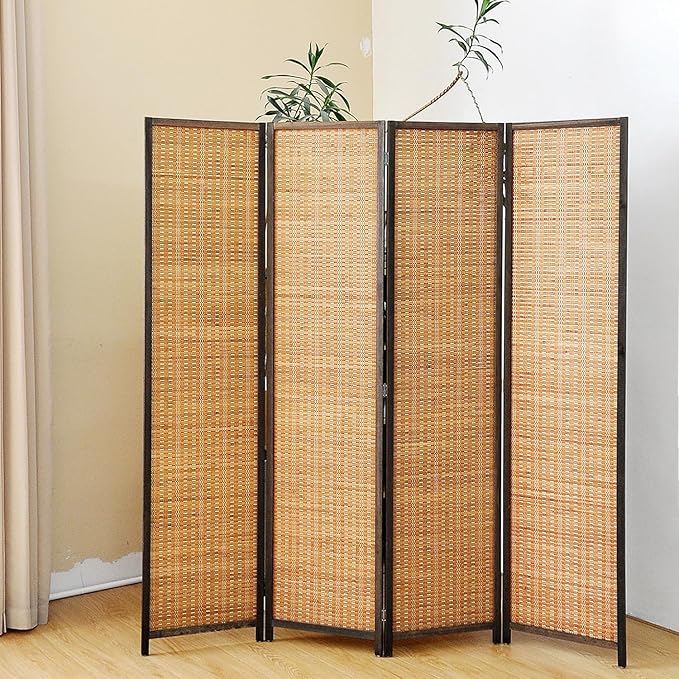4 Panel Room Divider Screen,5.6 FT Tall Bamboo Panel Divider Folding Privacy Screen,Freestanding Room Divider for Room Seperation,Brown
