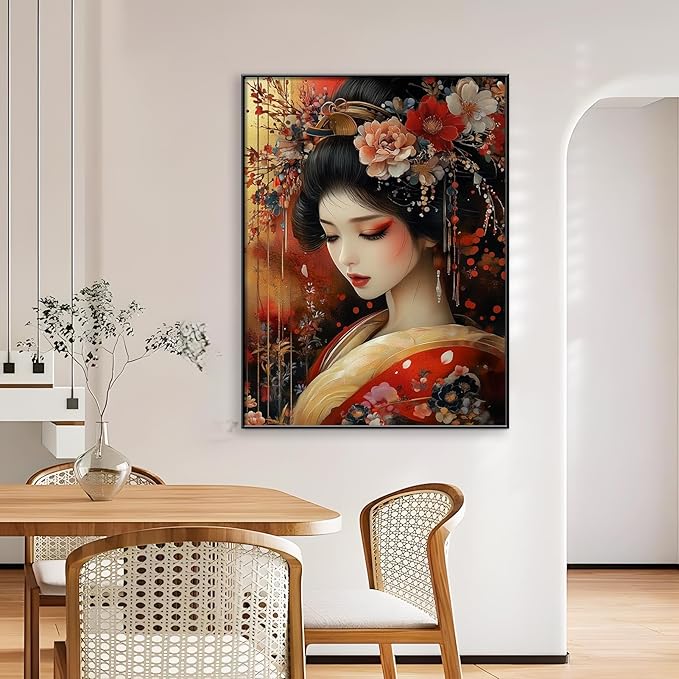 Japanese Geisha Canvas Wall Art, Geisha Girl Canvas Print, Gold Red Floral Kimono Canvas Art, Geisha Wall Art, Luxury Zen Wall Art, Asian Poster, Traditional Living Room Wall Art (Gold Framed, 30"x40" | 76x102cm)