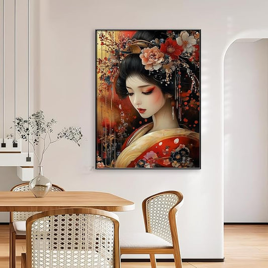 Japanese Geisha Canvas Wall Art, Geisha Girl Canvas Print, Gold Red Floral Kimono Canvas Art, Geisha Wall Art, Luxury Zen Wall Art, Asian Poster, Traditional Living Room Wall Art (Black Framed, 30"x40" | 76x102cm)