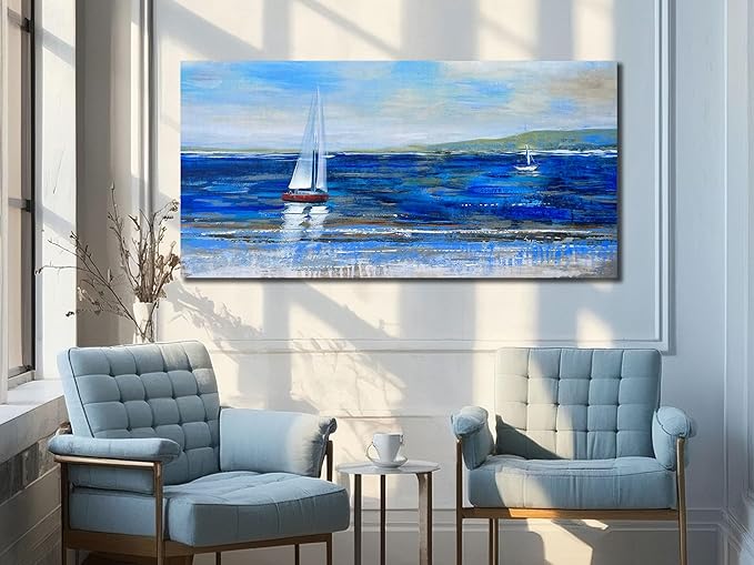 Ardemy Blue Abstract Canvas Wall Art for Living Room Sailboat Extra Large Wall Decor Painting Picture Bedroom Textured Nautical Navy Blue Seascape Artwork Art for Home Office,58"x29"