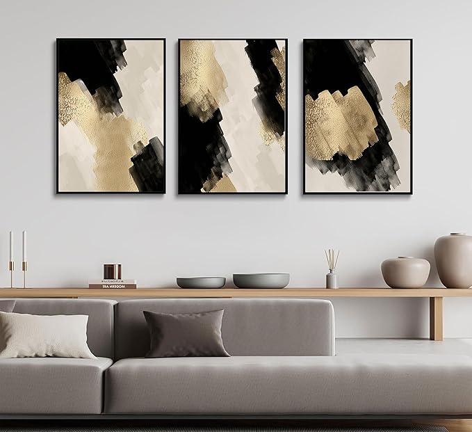 3Pcs Black and Gold Abstract Wall Art Modern Minimalist Posters Prints Neutral Abstract Pictures Painting Wall Decor for Living Room Bedroom Office Decoration Unframed