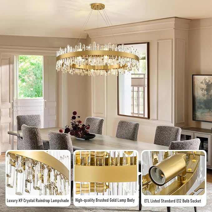 Modern Crystal Chandelier, 40" Round Gold Chandeliers for Living Room, 20-Lights 2 Tiers Luxury K9 Crystal Dining Room Chandelier Over Table, Adjustable Chandeliers for Foyer Entryway