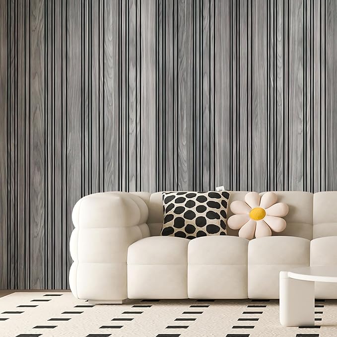 Art3d 4-Pack Glue-On Wall Panels, Wood Grain Texture Interior Wall Decor, 104"x12" Recycled Polystyrene Wainscoting Panels, Low Emission for Living Room Bedroom, Earth Grey Oak