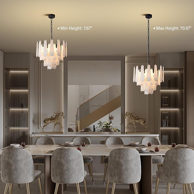 Alabaster Chandelier, D23.6in Modern Alabaster Round Dining Room Chandelier, 4-Tiers Luxury Natural Stone Ceiling Light Fixture, White Marble Chandeliers for Living Room Bedroom Foyer Entryway Kitchen