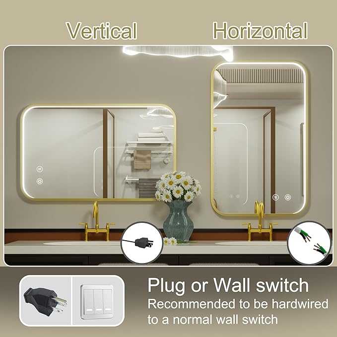 24x36 Inch Gold LED Bathroom Mirror with Lights, Adjustable 3000K/4500K/6000K, Wall Mounted Lighted Bathroom Vanity Mirror, Stepless Dimmable, Anti-Fog, Memory, Horizontal/Vertical