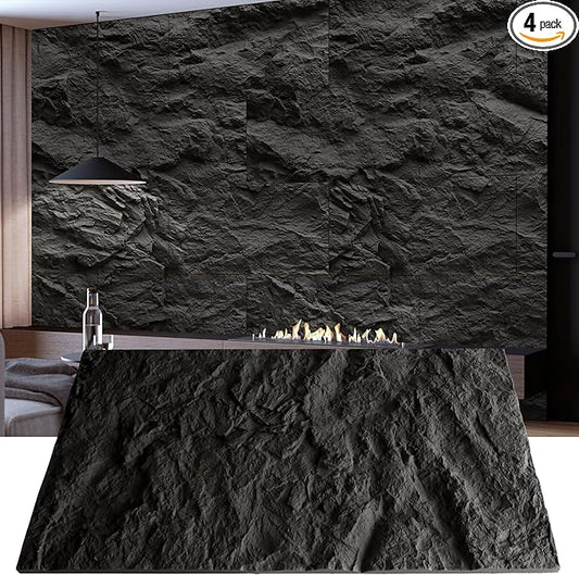 KASARO 3D Faux Stone Wall Panels, 4 PCS PU Wainscoting Panel for Interior Wall Decor, Cement Texture Thicker Accent for Home, Office, 43.3 × 23.6 inch, Black