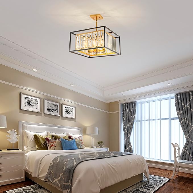 6-Light K9 Crystal Chandelier, Modern Style Pendant Light Fixture for Dining Room, Living Room, L16.5*W16.5*H17~47 inch (Adjustable Height), Gold & Black Finish Frame