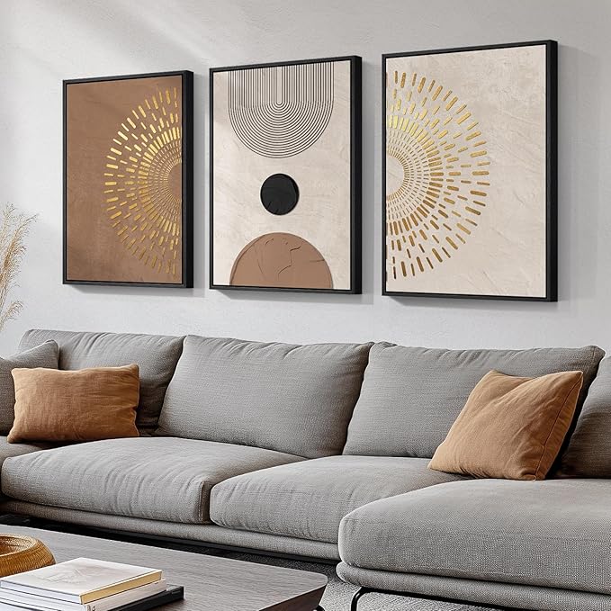 Large Framed Boho Neutral Abstract Wall Art for Living Room, 3 Piece Canvas Prints Paintings Artwork for Walls, Minimalist Brown Beige Gold Geometric Pictures for Hallway Stair Office Wall Decor 24x36