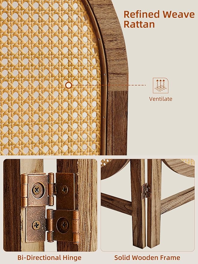 3 Panel Hand-Woven Rattan Room Dividers and Folding Privacy Screens with Bi-Directional Hinge, Pre-Assembled Partition Room Dividers for Home Office Bedroom, Dark Brown