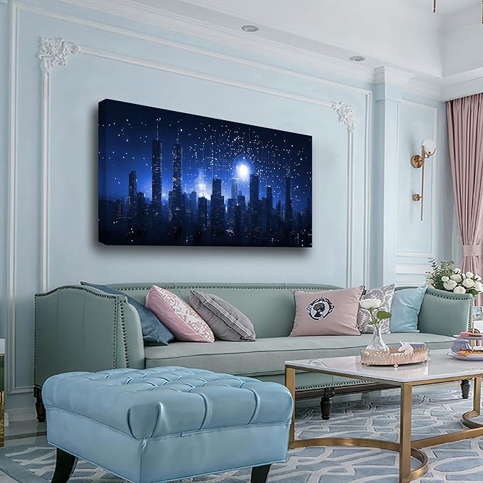 Night Stars City Wall Art Bedroom Wall Decor Living Room,Night Tall Buildings Canvas Wall Art Office Farmhouse Paintings Artwork Modern Blue Cityscape Wall Art Prints Pictures 20 * 40inch