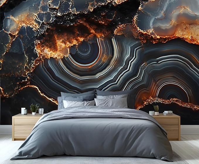 3D Agate Stone Mural Wallpaper, Black Gold Marble Murals, Modern Fashion Marble Murals, Wallpaper for Living Room Bedroom Boy Girl Room Home Decor Mural (Not Peel Stick)