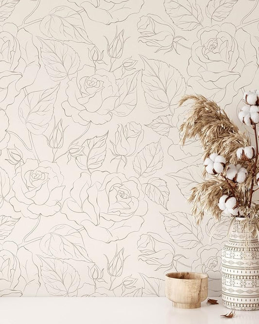 Boho Roses Wallpaper | Removable Self Adhesive Minimalistic Wall Decor | Floral Peel and Stick Wallpaper (Sample 12" W x 8" H)