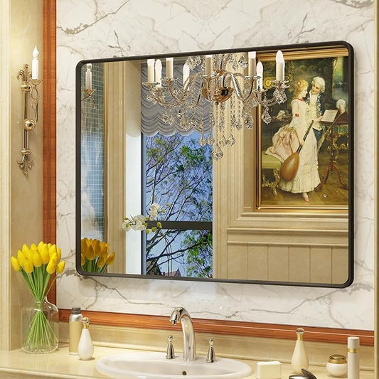 OKPAL 40X30 Inch Black Metal Framed Bathroom Mirror, Matte Black Bathroom Vanity Mirror for Wall, Black Rounded Rectangle Modern Mirror, Anti-Rust, Shatterproof (Horizontal/Vertical)