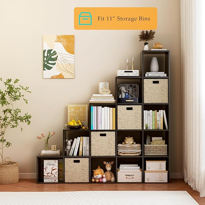 Ladder Cube Storage Bookcase - Wooden L-Shaped 5-Tier Corner Shelf, Reversible 15-Cube Organizer for Home & Office, Black