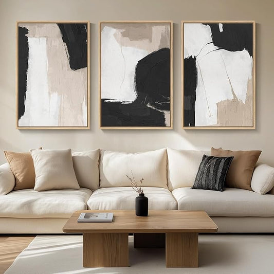 Large Framed Black and White Neutral Abstract Wall Art for Living Room, 3 Piece Canvas Prints Paintings Artwork for Walls, Modern Minimalist Abstract Pictures for Hallway Office Wall Decor 24x36 In