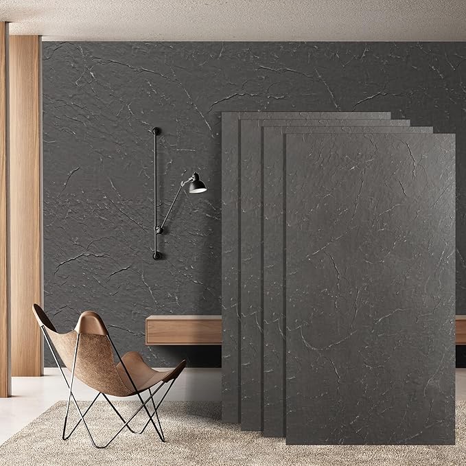 KASARO 3D Faux Stone Wall Panels, 4 PCS MCM Flexible Wainscoting Panels for Exterior/Interior Decor, Modified Clay Material, Accent for Home, Art, Commercial, Stone Black, 47.2 × 23.6 inch