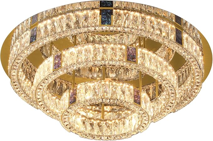 32in Flush Mount Crystal Chandelier Modern LED Gold Ceiling Light 3 Tier Crystal Chandelier for Living Room Dining Room Dimmable 3000k-6000k