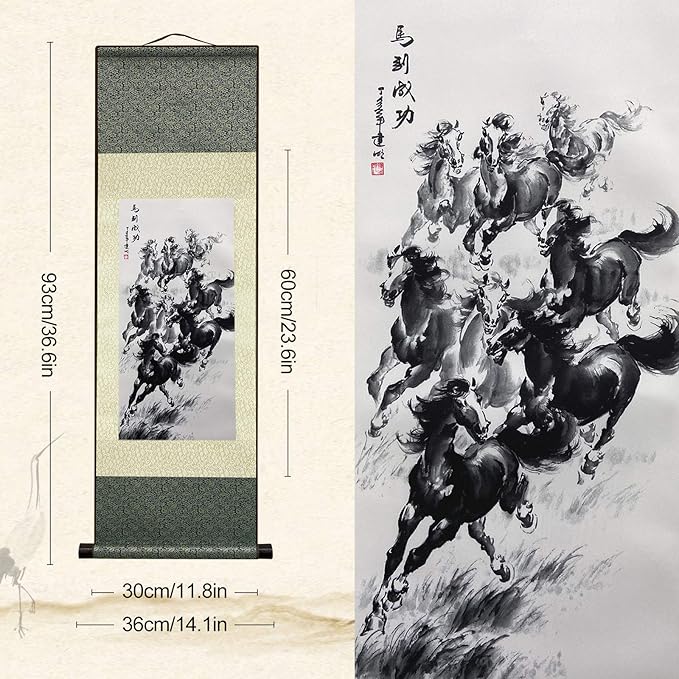 AtfArt Asian Wall Decor Beautiful Silk Scroll Painting Horse to Success - Win Instant Success Oriental Decor Chinese Art Wall Scroll Wall Hanging Painting Scroll (36.2 x 12 in)