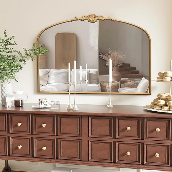 Antique Arched Large Mirror: 48"x33" Oversize Gleaming Gold Vintage Wall Mounted Mirror - Baroque Traditional Ornate for Fireplace/Bathroom/Hallway - Home Decor for Housewife
