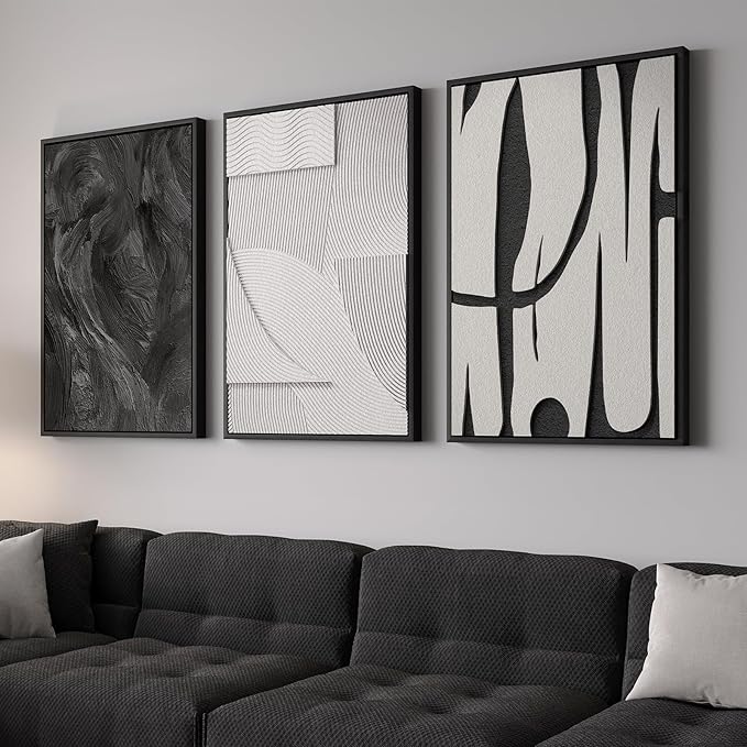 Large 3D Textured Framed Black and White Abstract Wall Art for Living Room, 3 Piece Modern Artwork for Walls, Minimalist Black White Texture Paintings for Hallway Office Wall Decor 24x36 In
