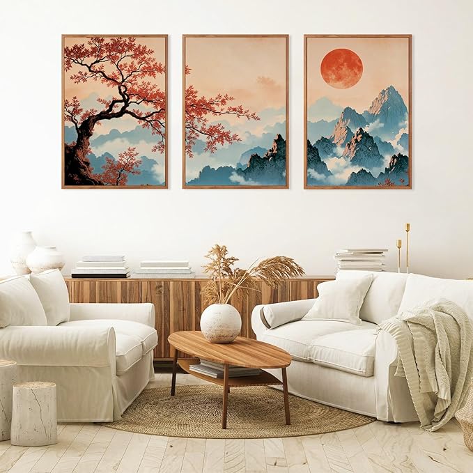 LHIUEM Large Boho Mountain Sunset Framed Canvas Wall Art Set of 3(16”X24”)Pine Tree Red Flowers Wall Decor,Chinese Style Maple Leaves Painting,Nature Landscape Forest Foggy Artworks for Bedroom Office