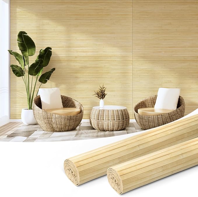 Art3d Natural Bamboo Wall Panel for Interior Wall Decor, Renewable Pole Wrap Wainscoting Paneling for Wall Ceiling Furniture Cabinet Office, 48 x 96 Inch, 2-Pack - Raw